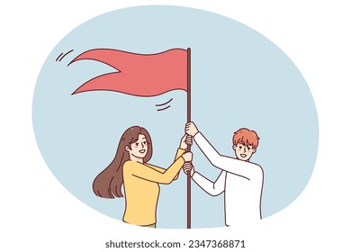 Smiling employees put flag as symbol of shared goal achievement and success. Happy man and woman reach business target or aim. Accomplishment concept. Vector illustration.