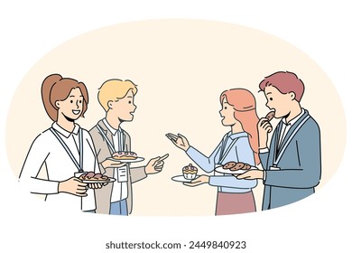 Smiling employees talk during coffee break at conference. Happy diverse businesspeople networking at lunch break at work seminar. Vector illustration.