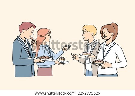 Smiling employees talk during coffee break at conference. Happy diverse businesspeople networking at lunch break at work seminar. Vector illustration. 