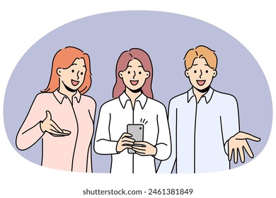 Empleados sonrientes usando el teléfono móvil hablando por cámara web juntos. Video Los empresarios felices con el teléfono inteligente hablan en Trabajo en equipo. Ilustración vectorial.