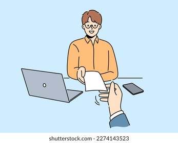 Smiling employer give check to worker in office. happy businessman pass paycheck to employee. Employment and compensation. Vector illustration. 