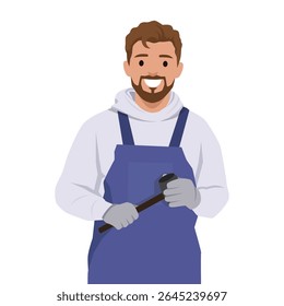 Smiling Engineer Holding a Hammer. Flat vector illustration isolated on white background