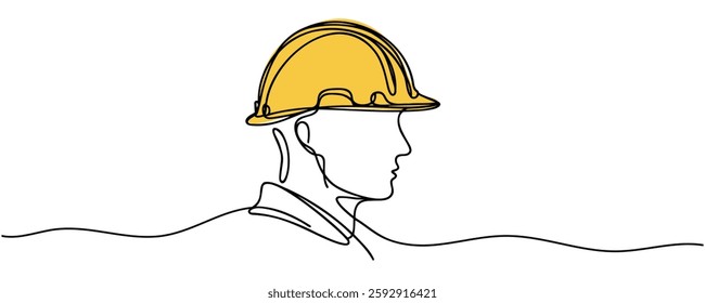 Smiling engineer standing with hard hat hand drawn vector illustration