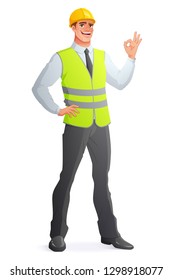 Smiling engineer in vest and hard hat showing OK hand sign gesture. Full length cartoon style vector illustration isolated on white background EPS10.