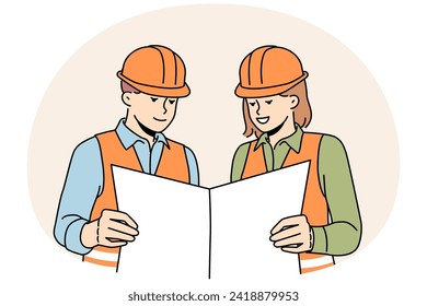 Smiling engineers in helmets study blueprint at site. Man and woman builders or developers with paperwork in hands. Teamwork, engineering. Vector illustration.