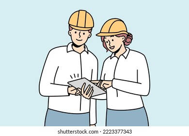 Smiling engineers in helmets working together at building site. Happy architects team brainstorm cooperate at construction place. Vector illustration. 