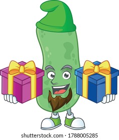 Ein lächelndes Enterobacteriaceae Cartoon Design mit Weihnachtsgeschenken. Vektorgrafik