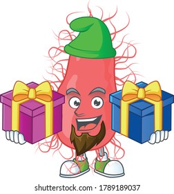 A smiling escherichia cartoon design having Christmas gifts. Vector illustration