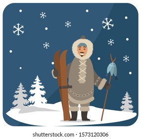 Smiling eskimo character in fur clothes holding wooden stick with fish on snowy landscape near fir-trees and snowflakes. Arctic postcard with happy hunter with skis under snow-falling weather vector