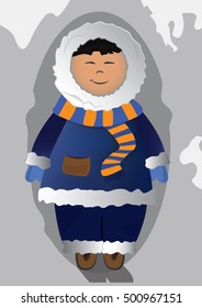 Smiling eskimo with eskimo clothes on icy background.