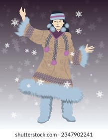 Una sonriente chica esquimal con ropa tradicional con bordado se para entre los copos de nieve que caen. Personalidades de diseño planas. Vector.