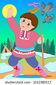   Smiling Eskimo, Inuit, Chukchi man character in traditional costume standing with spear, northern people, life in the far north vector Illustration
