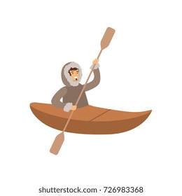 Smiling Eskimo, Inuit, Chukchi man character in traditional costume swimming on boat, northern people, life in the far north vector Illustration
