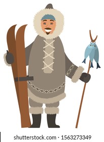 Smiling eskimo man wearing warm fur clothes and mittens holding skis and wooden stick with fish. Arctic element of view hunter character fishing. Happy male hunting and skiing in Alaska vector