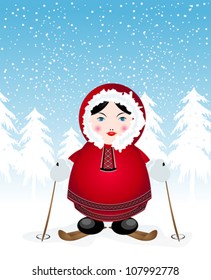 Smiling eskimo on skis over a winter background