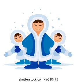 Smiling eskimo people group meeting in snow vector illustration