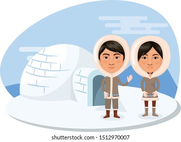 Smiling Eskimo People on Icy Igloo Background