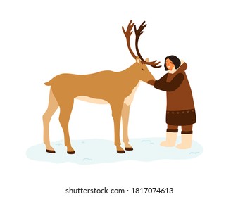 Smiling eskimo woman hugging reindeer vector flat illustration. Female in traditional folk costume standing with horned arctic animal isolated. Northern person in national clothes owner of deer