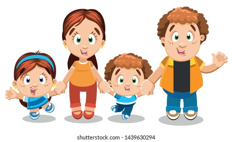 Smiling european family standing holding hands. Joyful redheaded father, mother, daughter and son pastime together. Happy parenthood concept. Vector cartoon isolated on white background.