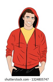 Smiling european man in hoodie isolated on the white background. Advertising poster. Vector illustration