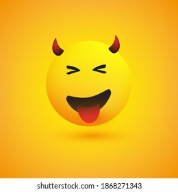 Smiling Evil Face with Stuck Out Tongue - Simple Happy Emoticon on Yellow Background - Vector Design
