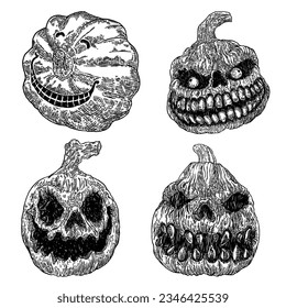 Smiling evil pumpkin set. Jack o lantern for Halloween hand drawing set of carved pumpkin. Holiday celebration, spirits and demons autumn symbol. Infernal and mystical candlelight. Vector.