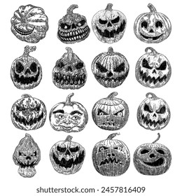 Smiling evil pumpkin set. Jack o lantern for Halloween hand drawing set of carved pumpkin. Holiday celebration, spirits and demons autumn symbol. Infernal and mystical candlelight. Vector.