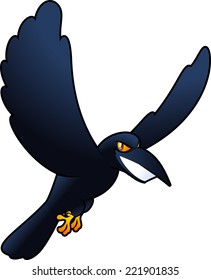 Smiling evil Spooky horror flying carrion raven Crow bird vector illustration cartoon. 