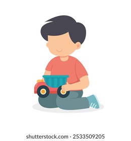 Smiling excited children cartoon character with toy. Little boy playing a toy truck and feel happy vector illustration