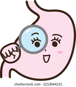 Una expresión sonriente de un estómago antropomórfico que es inspeccionado y diagnosticado con una lupa