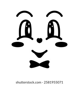 Smiling expression, blush, eyebrows, bow tie. Face with emotions. Sketch. Vector illustration. Outline on isolated white background. Doodle style. Cute grimace. Idea for web design.