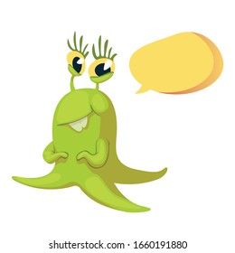 Smiling extraterrestrial flat cartoon vector illustration. Cute alien. Ready to use 2d character template for commercial, animation, printing design. Isolated comic hero with empty speech bubble