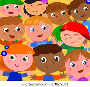 Smiling exultant kids from different part of the world. Cartoon vector illustration