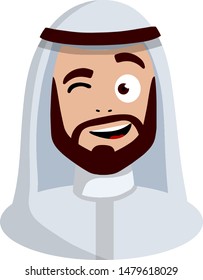 Smiling face of Arab man in white national dress. Winks Avatar for social network. Middle Eastern guy with a beard.