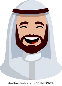 Smiling face of Arab man in white national dress. Avatar for social network. Middle Eastern guy with a beard and laughter.