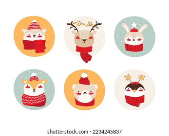 Smiling face baby animals for Christmas and New year. Cartoon set of cute animal characters in a winter warm hat and scarf. Bear, fox, cat, penguin, deer, hare, rabbit. Colorful vector illustration