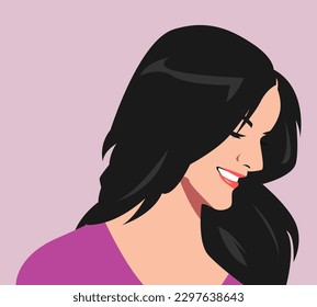 cara sonriente de una hermosa mujer con largo cabello negro ondulado. para avatar, perfil de medios sociales, web, imprenta, afiche, pegatina, etc ilustración vectorial plana.