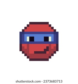 Smiling face with blindfold smile pixel art style icon. Red color face cartoon character, robber, masquerade mask. 8-bit style. Isolated abstract vector illustration. 