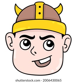 Smiling Face Boy Wearing A Viking Tribal Hat, Vector Illustration Carton Emoticon. Doodle Icon Drawing