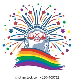 Smiling face of the cartoon statue of liberty with red glasses, fireworks in the background and LGBT colors shirt