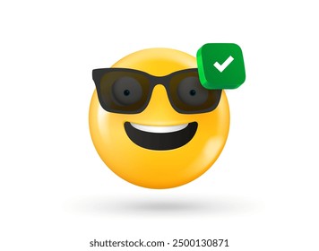 Cara sonriente con el icono de la marca de verificación. Objeto de Vector 3D aislado sobre fondo blanco