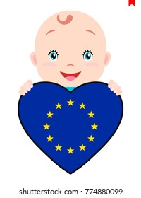 Smiling face of a child, a baby and a European Union flag in the shape of a heart. Symbol of patriotism, independence, travel, emblem of love.