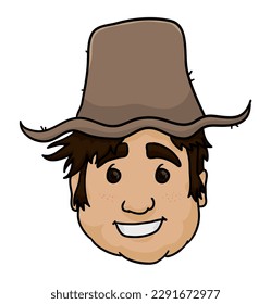 Smiling face of chubby brunette peasant with straw hat. Cartoon style design on white background.