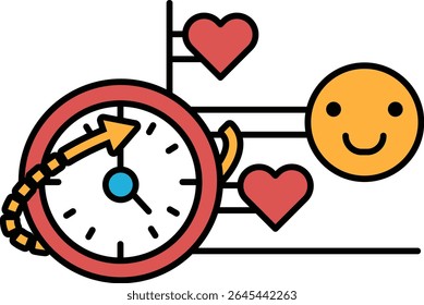 Um rosto sorridente com um relógio e dois corações. O relógio está mostrando o horário como 10:00