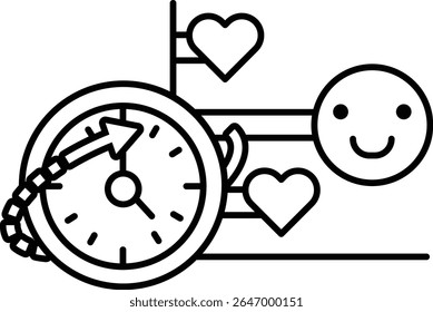 Um rosto sorridente com um relógio e dois corações