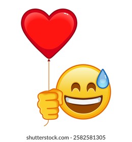 Smiling face in cold sweat with open mouth with red heart baloon