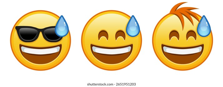 Smiling face in cold sweat with open mouth Set of three emoji