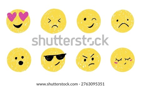 Smiling face crayon chalk emotion set. Happy angry avatar sketches. Childlike charcoal stickers, smile expression emoji face doodle.