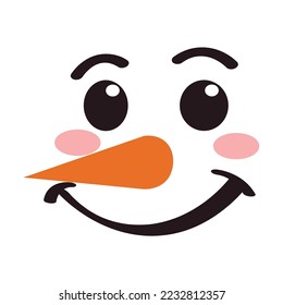 Smiling face of cute snowman on white background