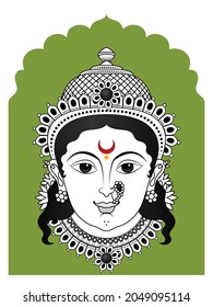 Smiling Face of Devi Durga in black and white line art, decorated with Traditional Indian temple jewelry for Navratri Dussehra Diwali Festival; suitable for Social Media Post, advertisement banner.